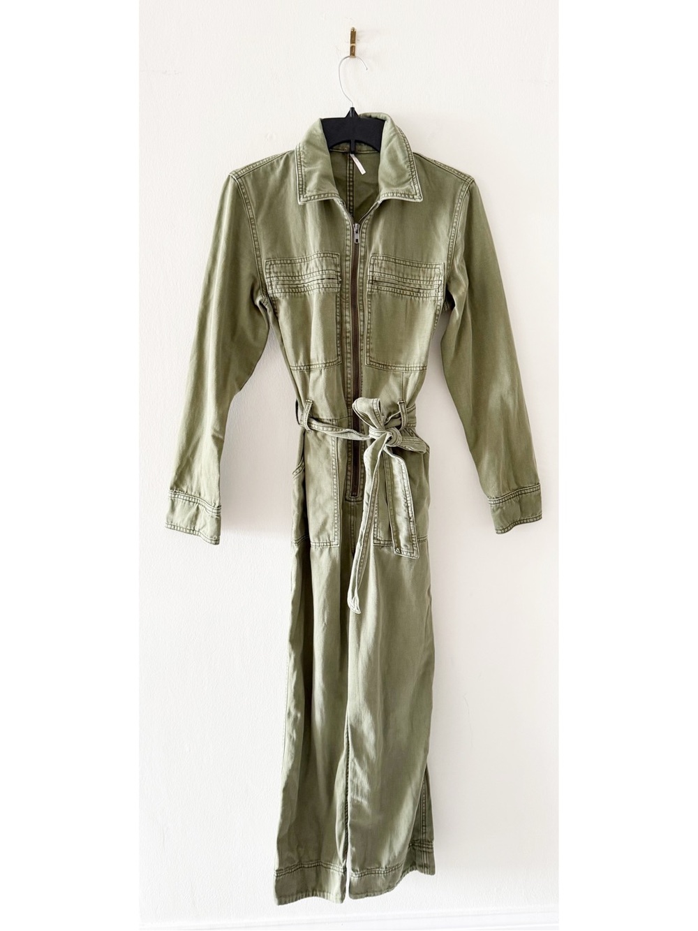 Free People Charlie Army Green Utility Cargo Belted Jumpsuit Size 0